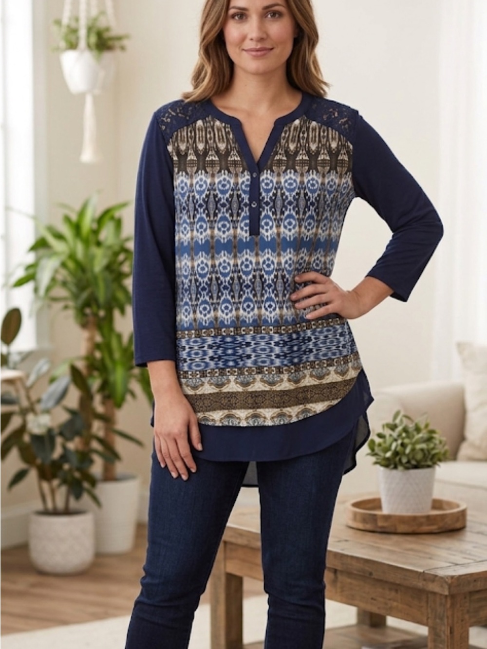 Elegant Blue and Black Patterned Blouse